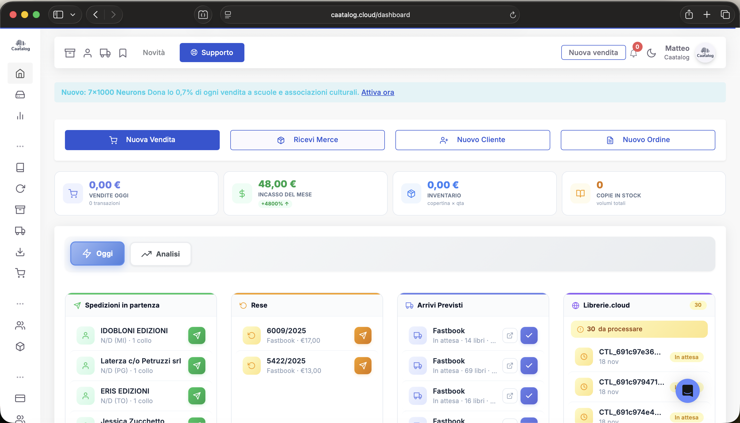 Dashboard Caatalog - gestionale cloud per librerie indipendenti con POS, magazzino e fatturazione